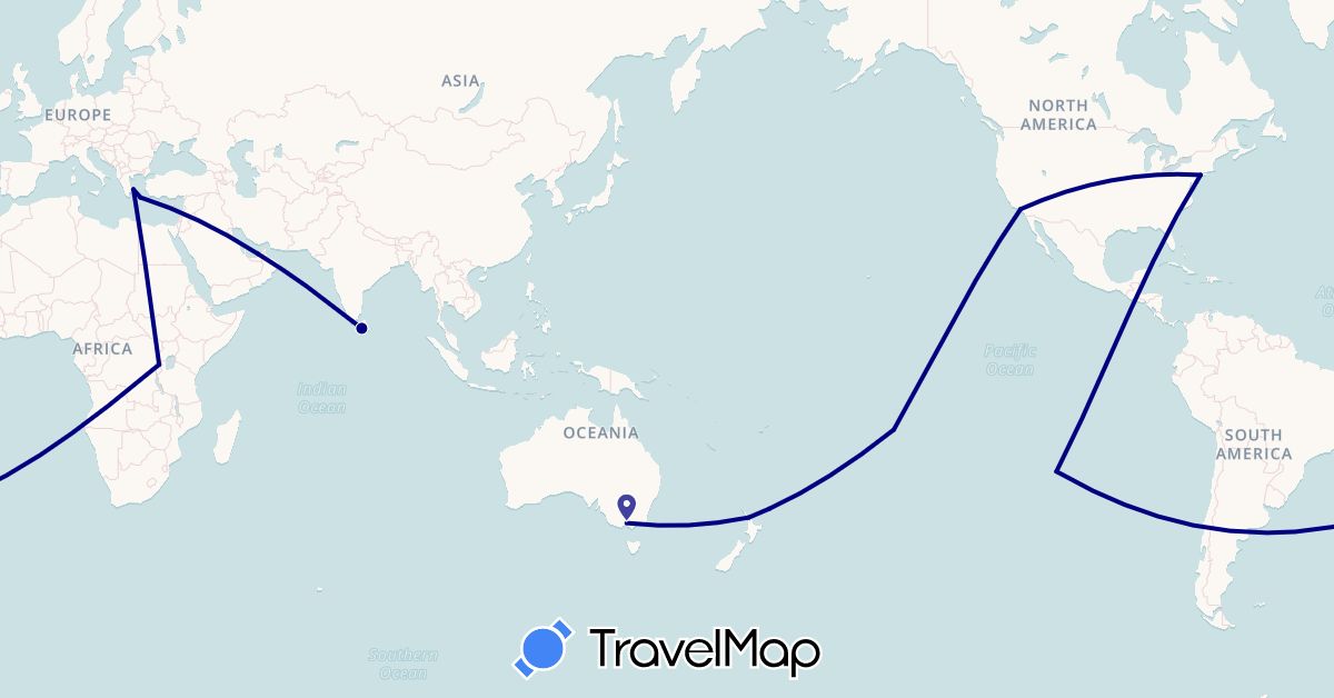 TravelMap itinerary: driving in United Arab Emirates, Australia, Chile, Greece, Sri Lanka, New Zealand, French Polynesia, Rwanda, United States (Africa, Asia, Europe, North America, Oceania, South America)